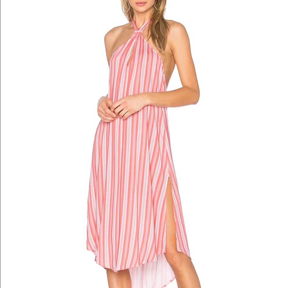 HAITI HALTER DRESS IN CORAL STRIPE (M)